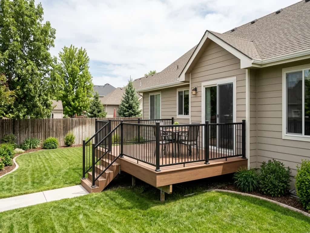 Composite backyard deck with black aluminum railing overlooking a fenced lawn