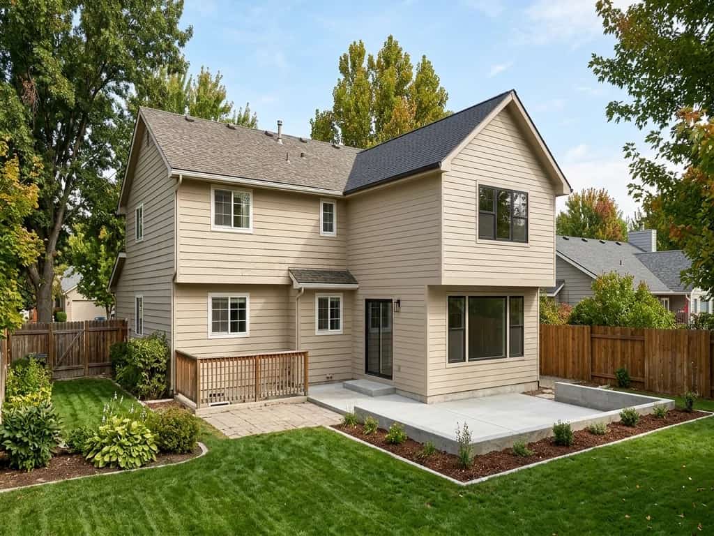 Rear view of a completed home addition with an integrated roofline and patio