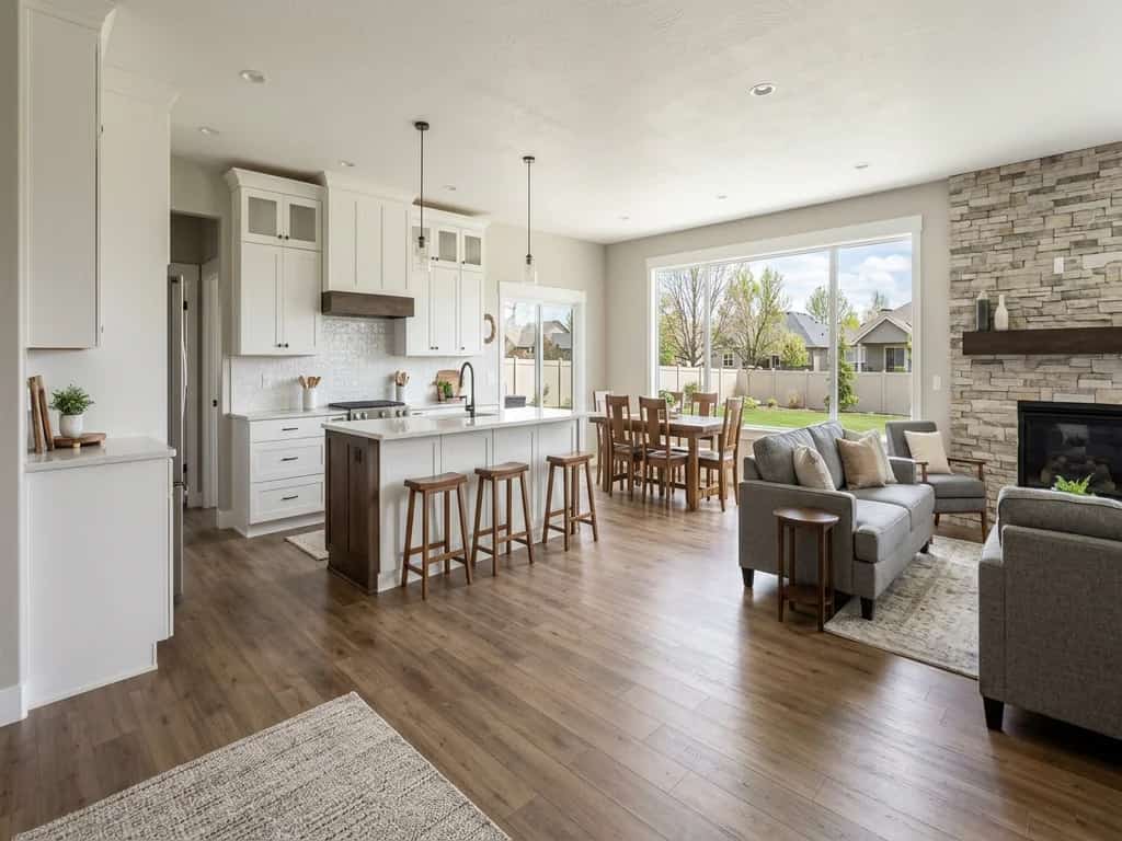 Open-plan remodeled main floor with kitchen, dining and living areas