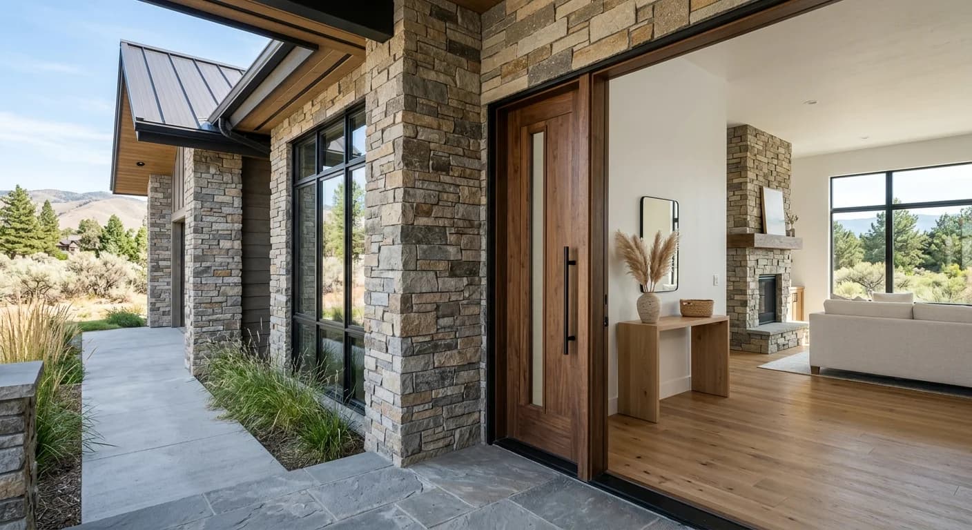 Stone veneer wainscot accent on a Boise home exterior with fiber cement above