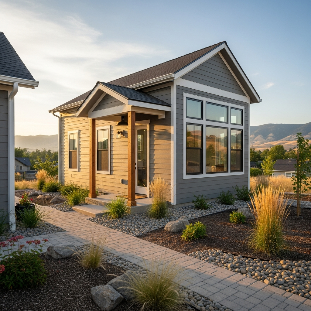 Modern detached ADU backyard cottage in a Boise residential lot with mountain views
