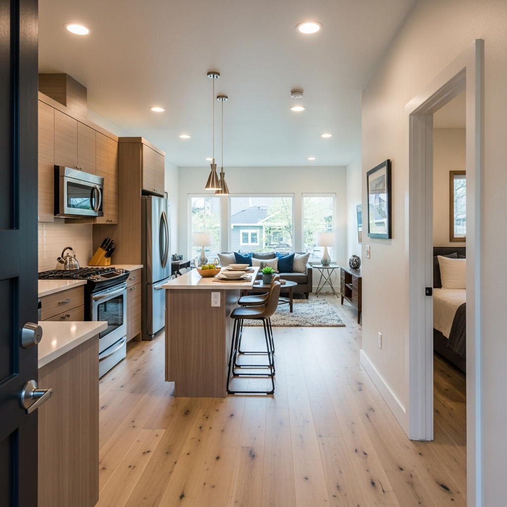 One-bedroom ADU interior with separate bedroom, living room, and full kitchen