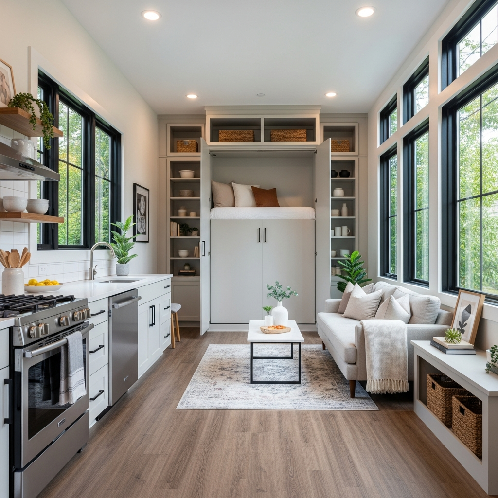 Compact studio ADU interior showing open living, sleeping, and kitchen areas