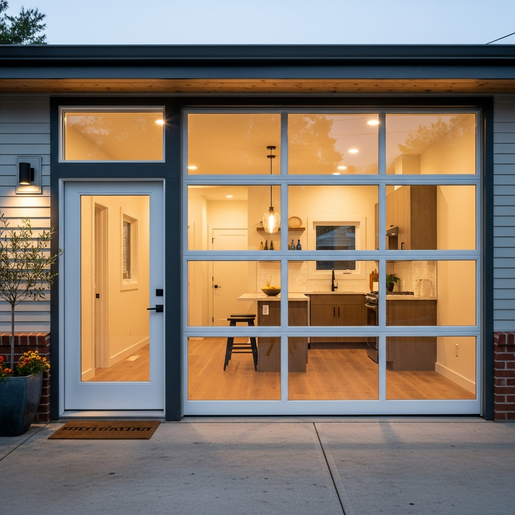 Converted garage ADU with new windows, entry door, and finished interior visible
