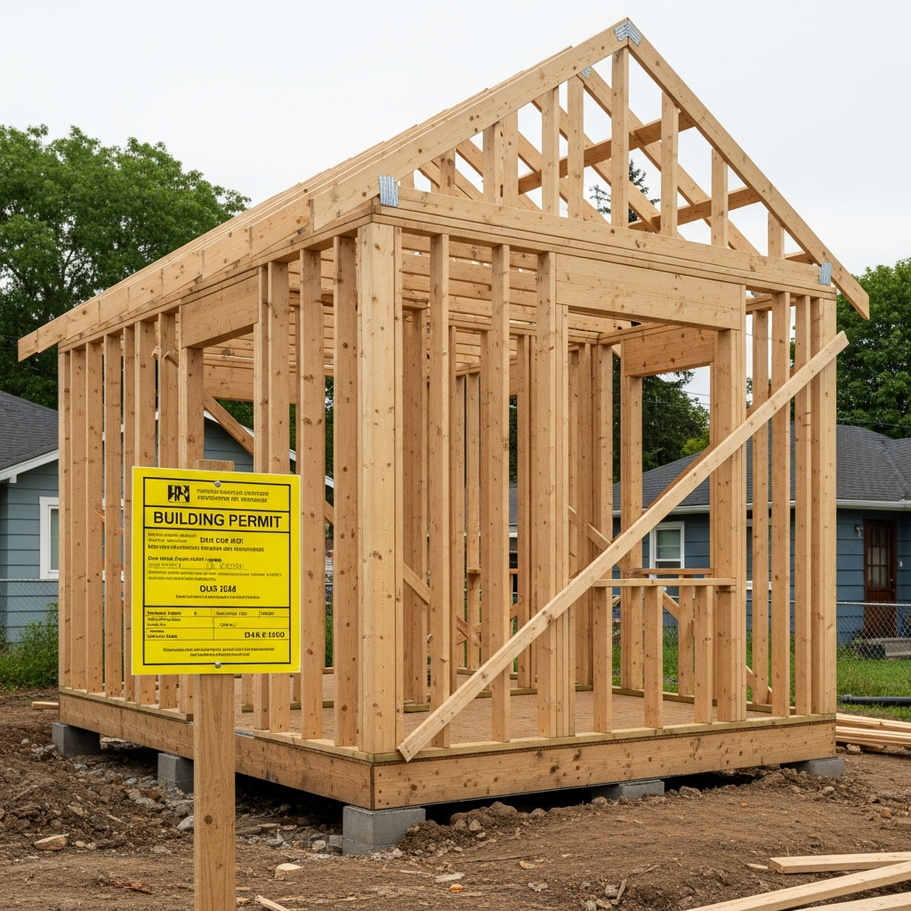 ADU under construction with building permit posted and inspection card visible