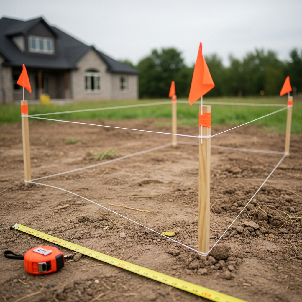 Property survey stakes showing setback lines for ADU placement on a Boise lot
