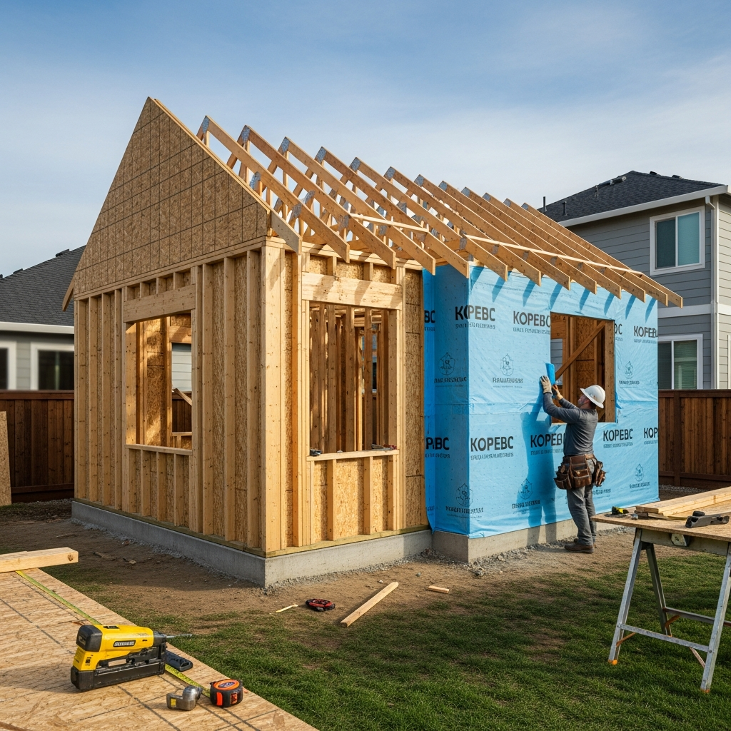 ADU wall framing with sheathing being applied in a Boise backyard