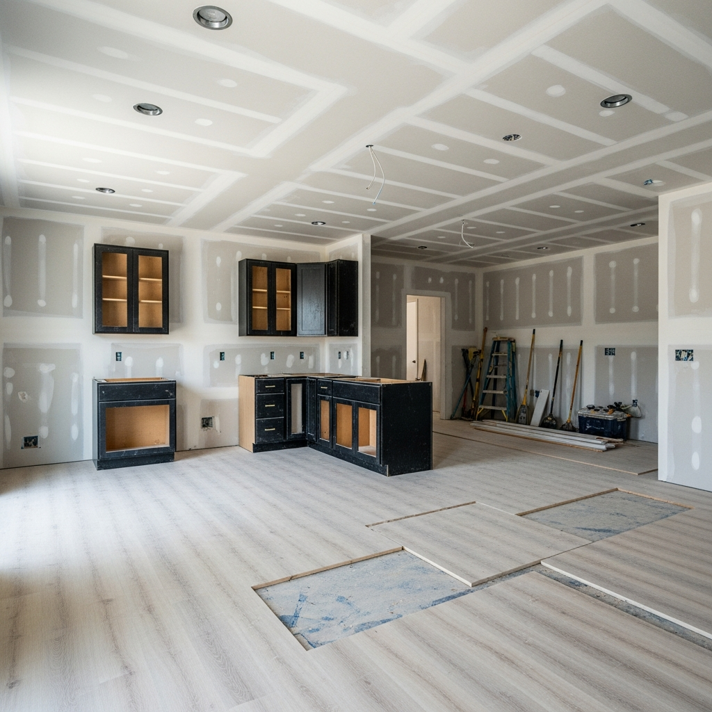 ADU interior finish phase showing drywall, flooring, and kitchen cabinet installation