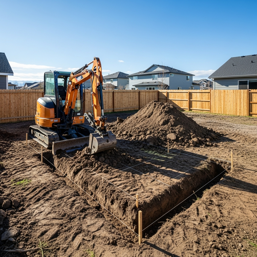 Excavation equipment preparing the site for ADU foundation in a Boise backyard