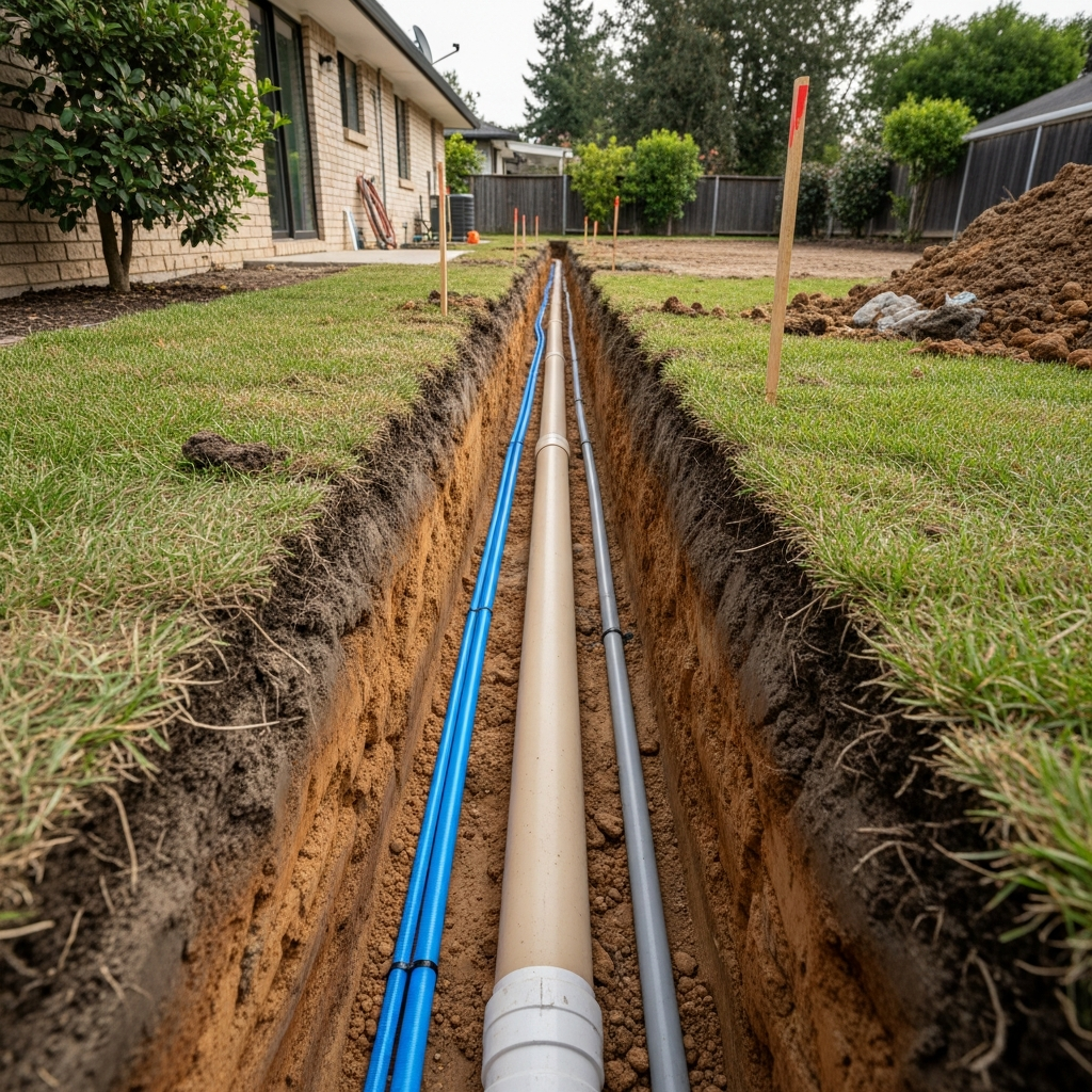 Utility trench dug from main house to ADU site showing water, sewer, and electrical lines