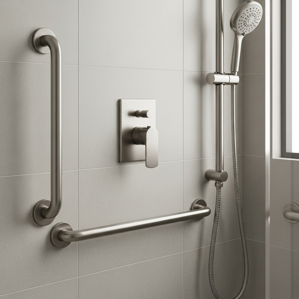 Decorative grab bars installed alongside shower controls in a modern bathroom