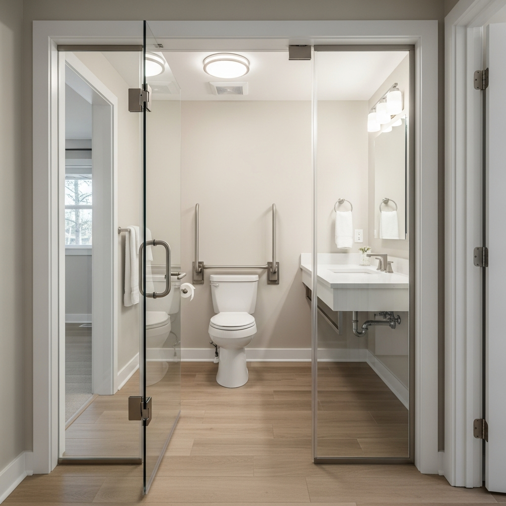 Wide 36-inch bathroom doorway with lever handle for wheelchair accessibility
