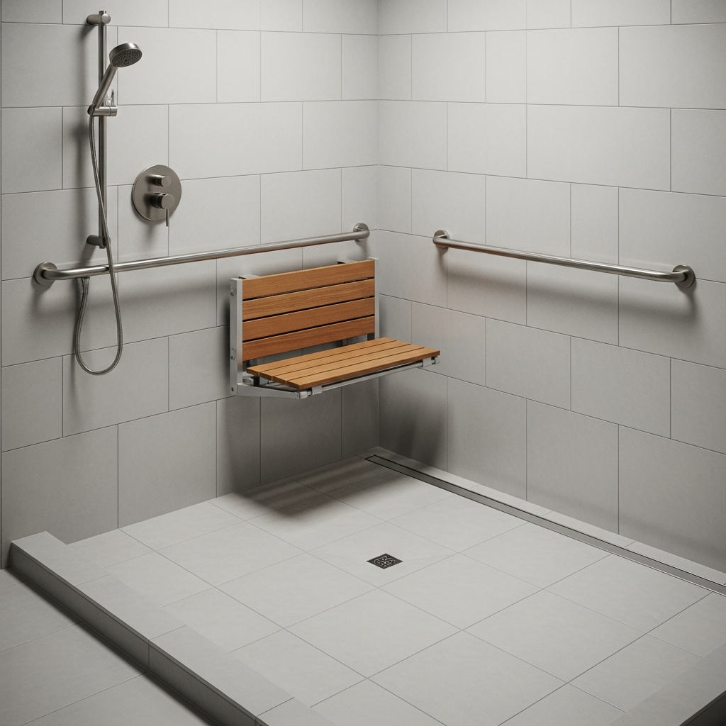 Zero-threshold curbless shower with fold-down bench and grab bars