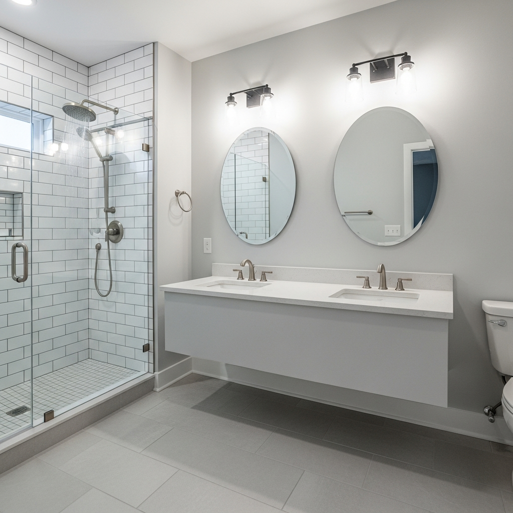 Mid-range bathroom remodel with subway tile shower and floating vanity