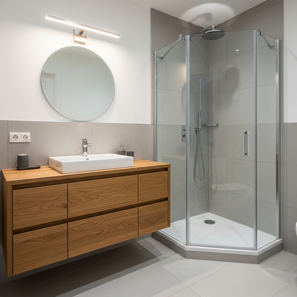 Compact 5x7 bathroom with space-saving floating vanity and corner shower