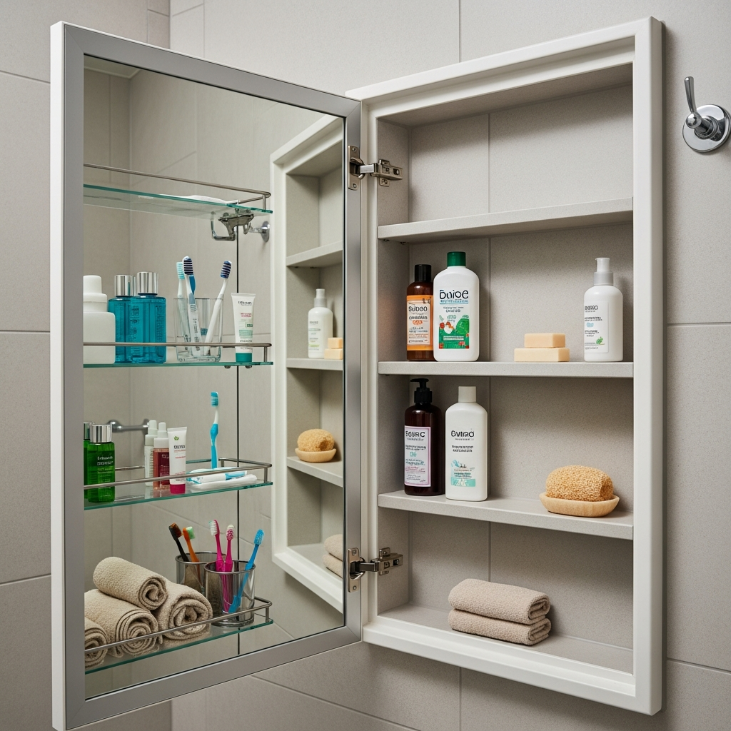 Recessed medicine cabinet and built-in shower niches maximizing small bathroom storage