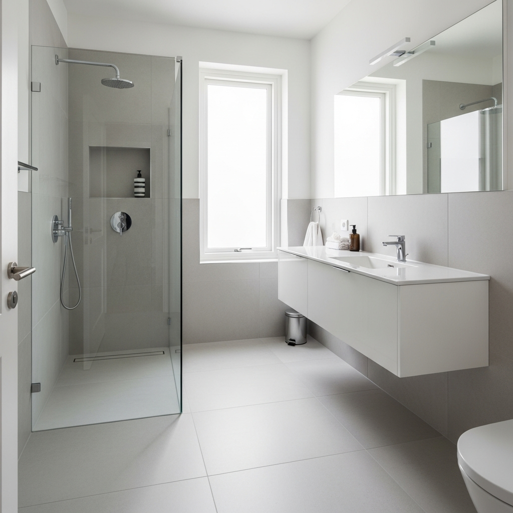 Light-colored large-format tile creating an airy feel in a small bathroom