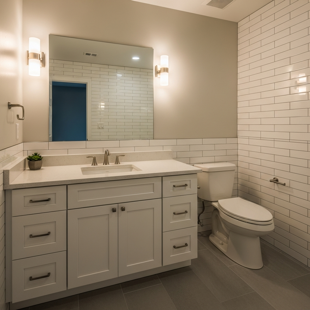 Freshly completed bathroom remodel with new tile, vanity, and fixtures