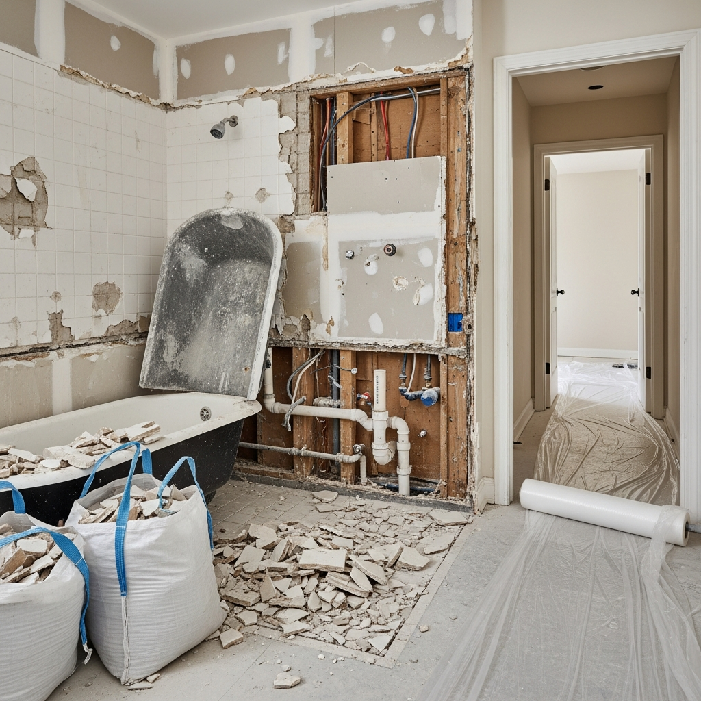 Bathroom demolition in progress with old tile and fixtures removed