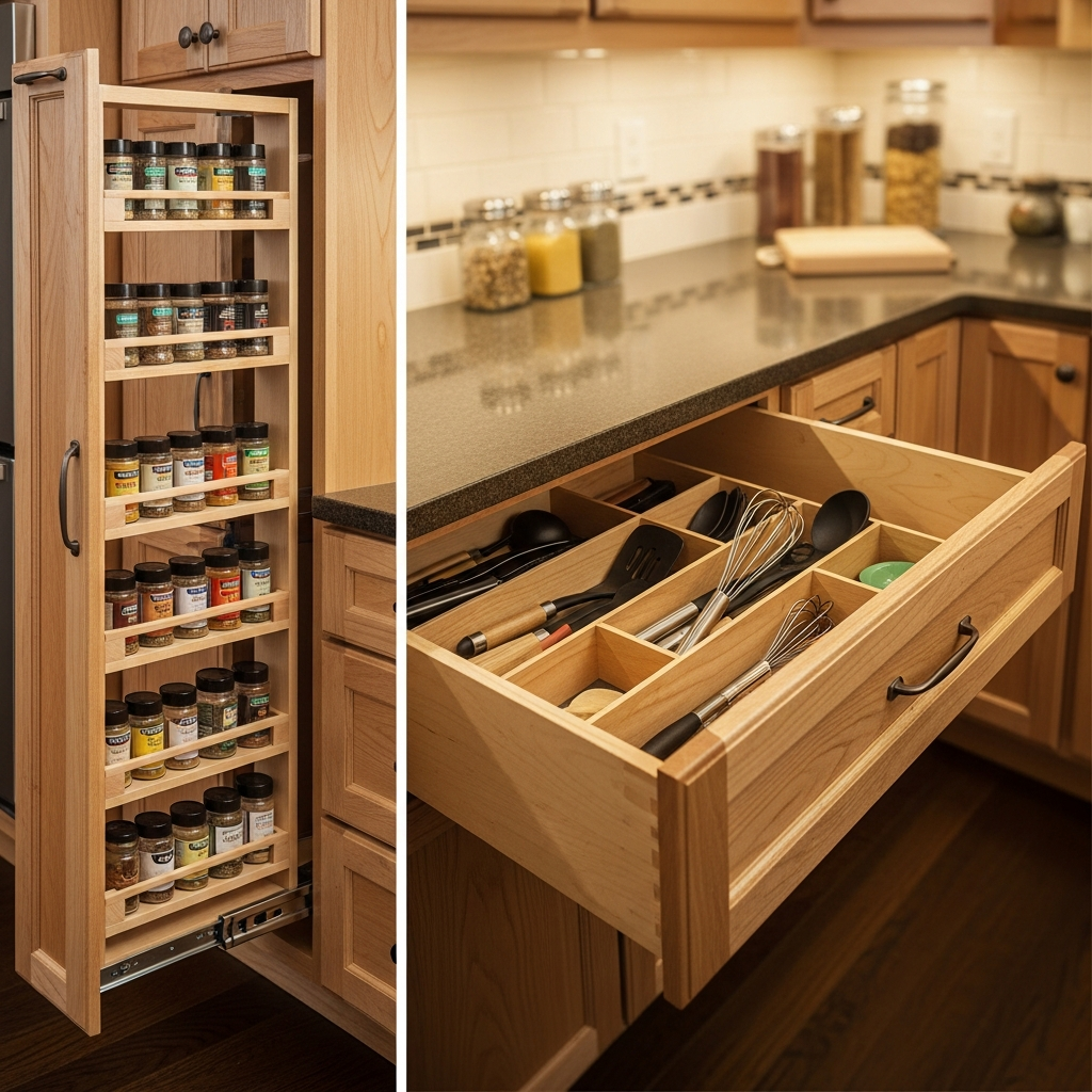 Semi-custom maple cabinets with pull-out organizers and soft-close drawers