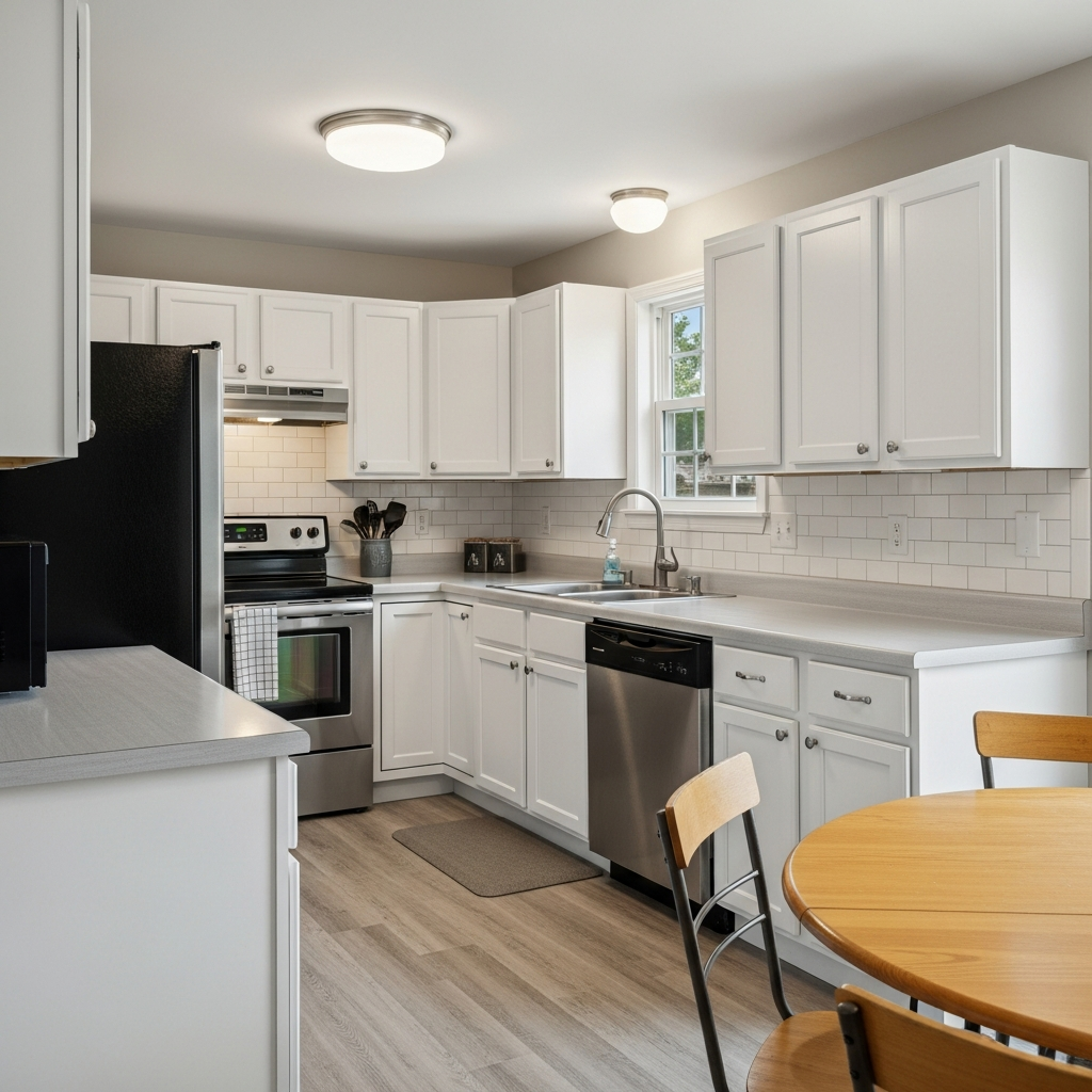 Stock white shaker kitchen cabinets installed in a standard Boise kitchen