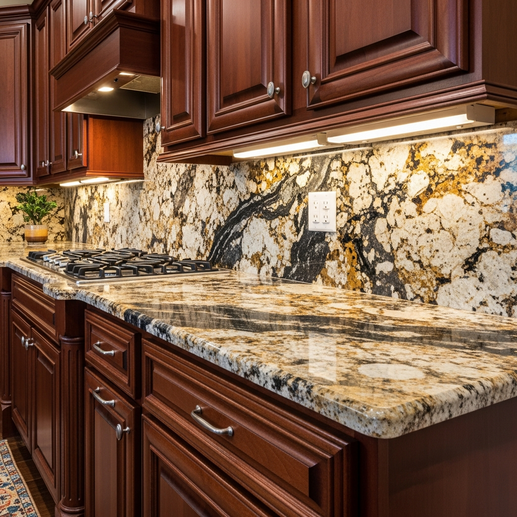 Natural granite countertop with visible mineral patterns in a traditional kitchen