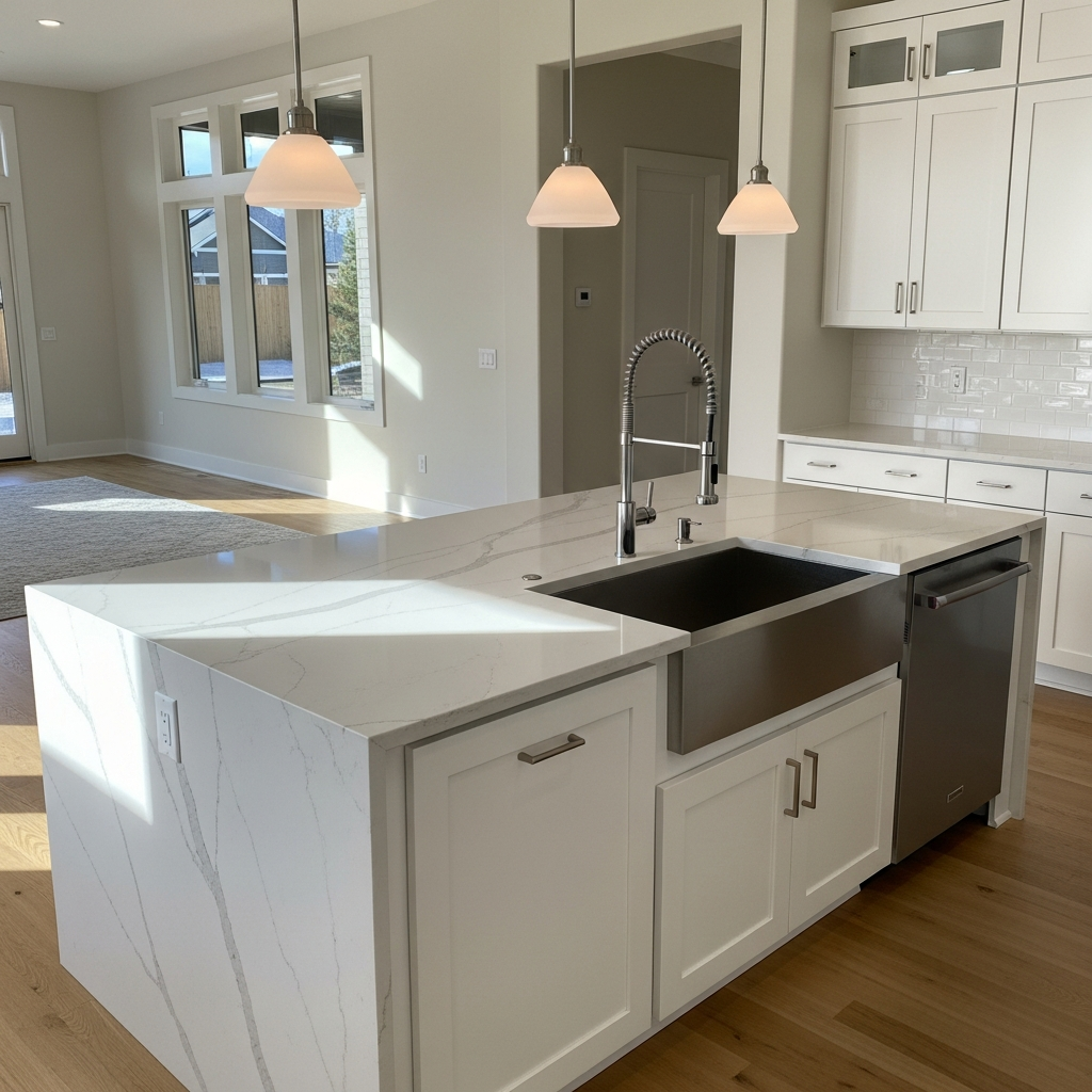 White quartz countertop with subtle marble veining in a modern Boise kitchen