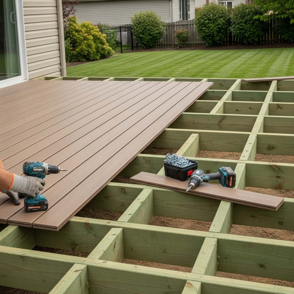 New composite deck under construction with framing and decking boards visible