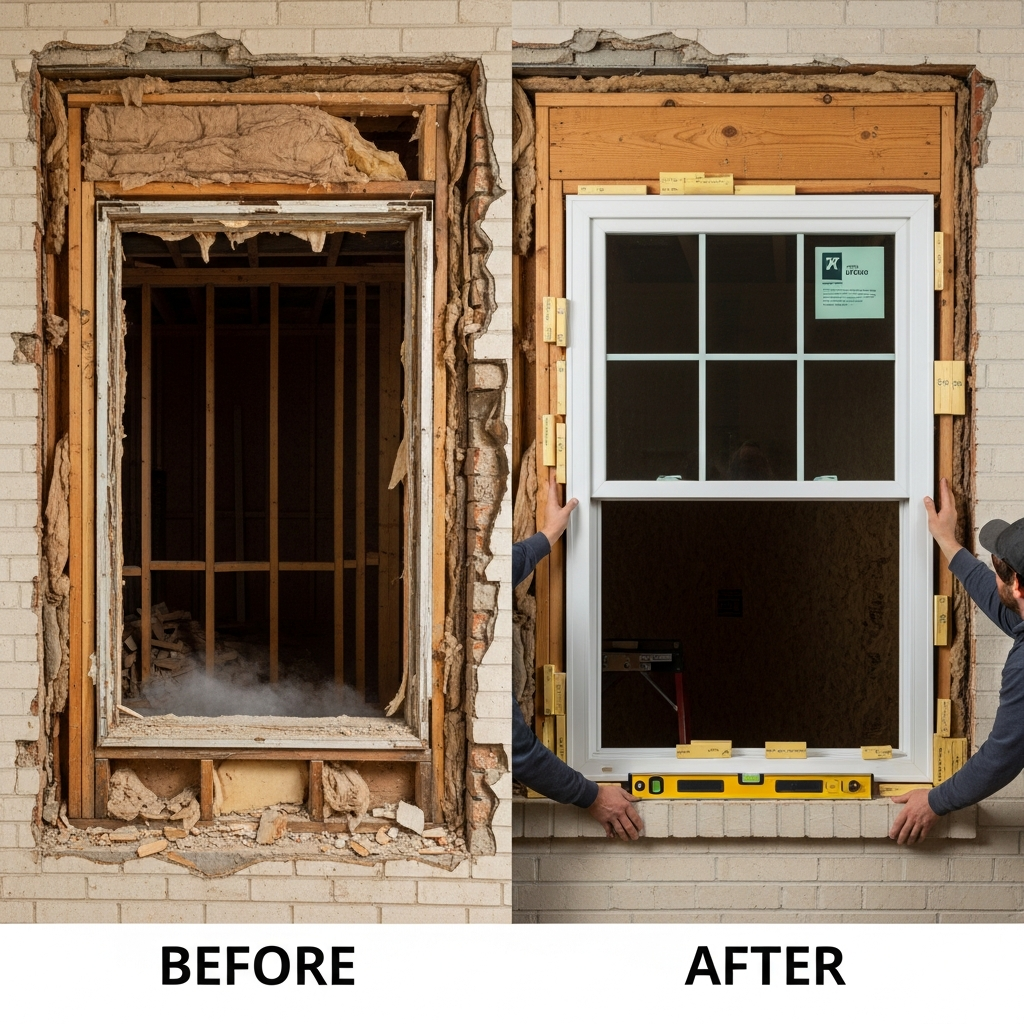Window replacement showing old window removed and new window being installed