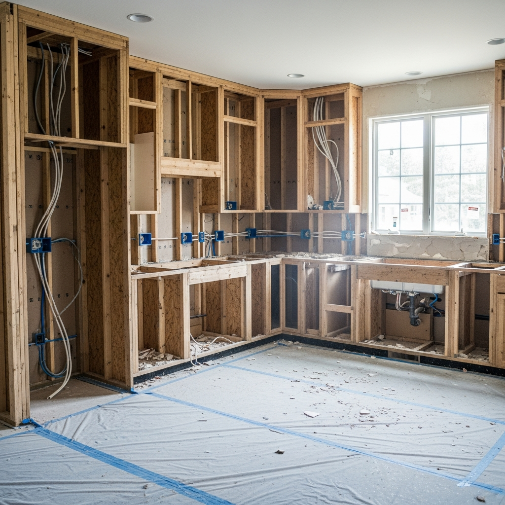 Kitchen demolition phase showing removed cabinets and exposed wall framing
