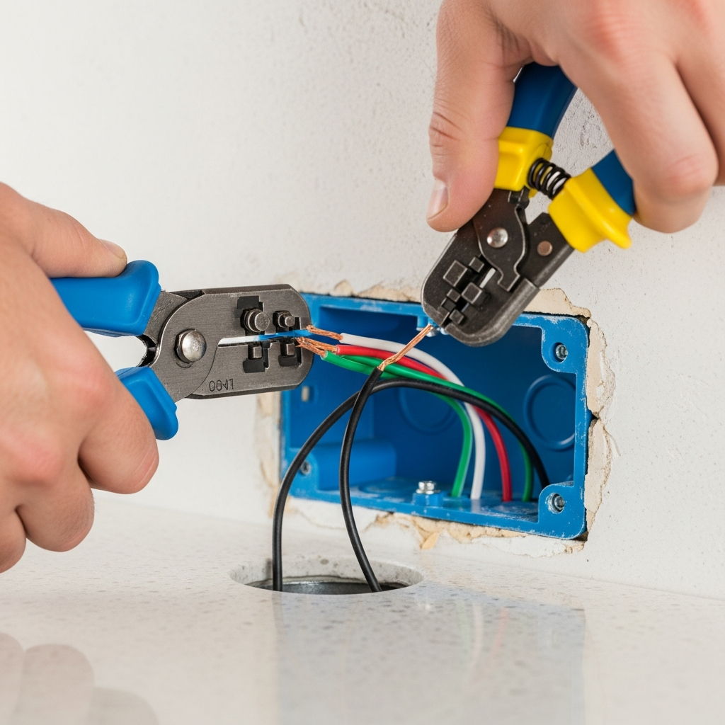New GFCI outlet being installed near a kitchen countertop
