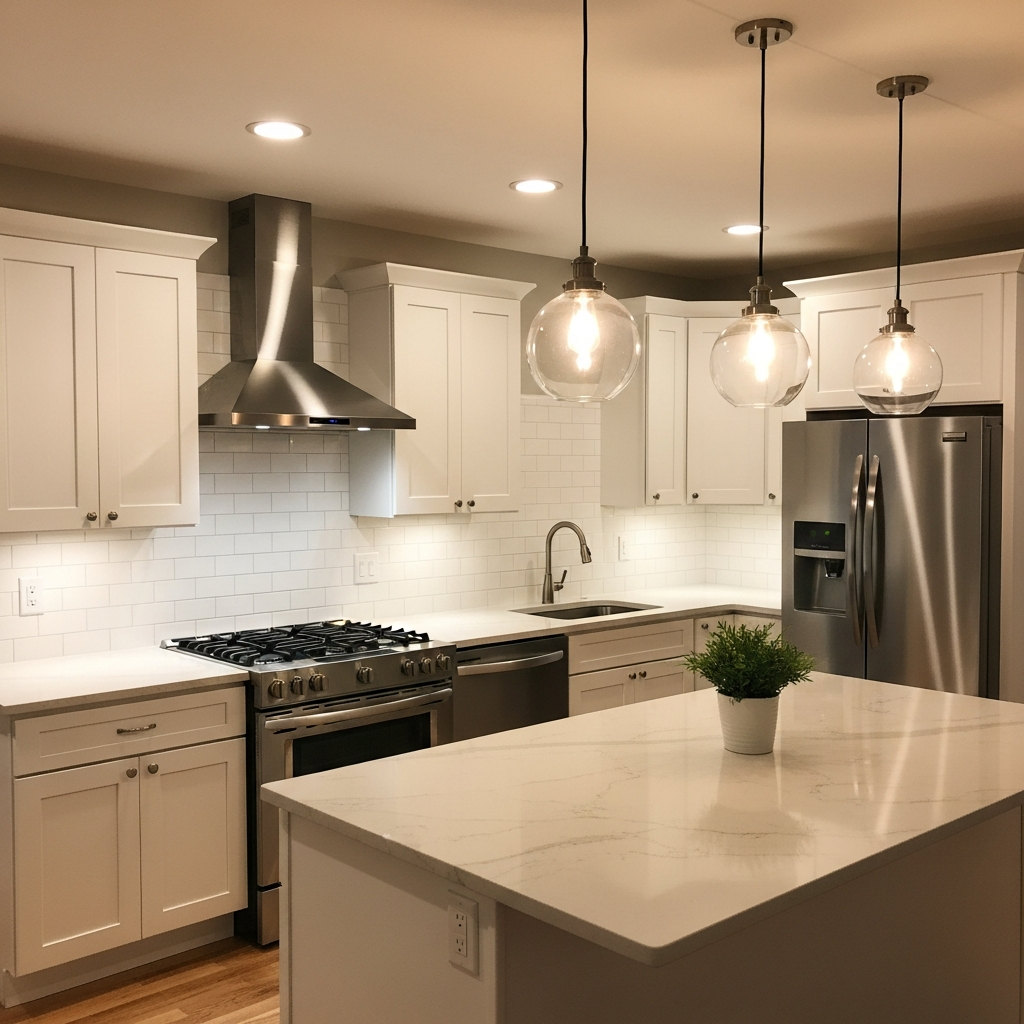 Completed kitchen with new cabinets, countertops, and backsplash installation
