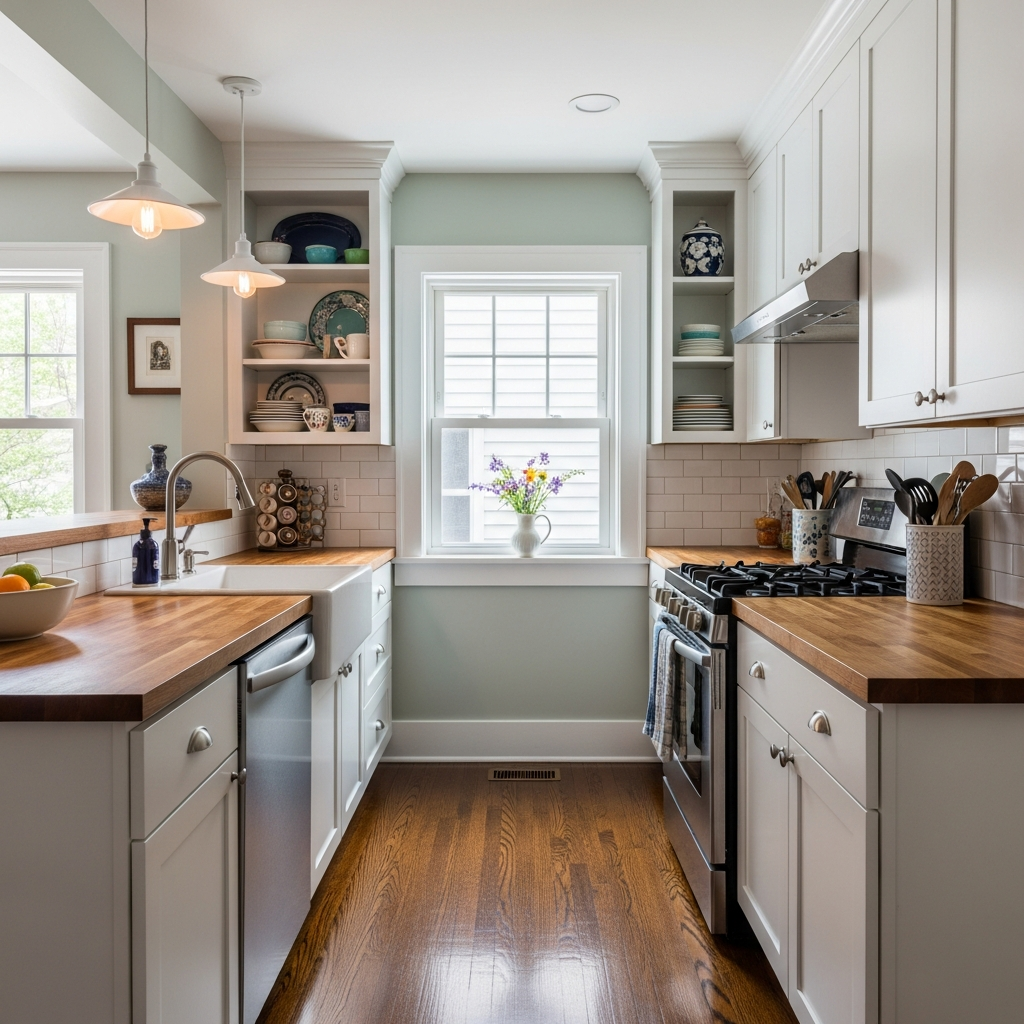 Galley kitchen layout with parallel counters and efficient workspace in a Boise bungalow