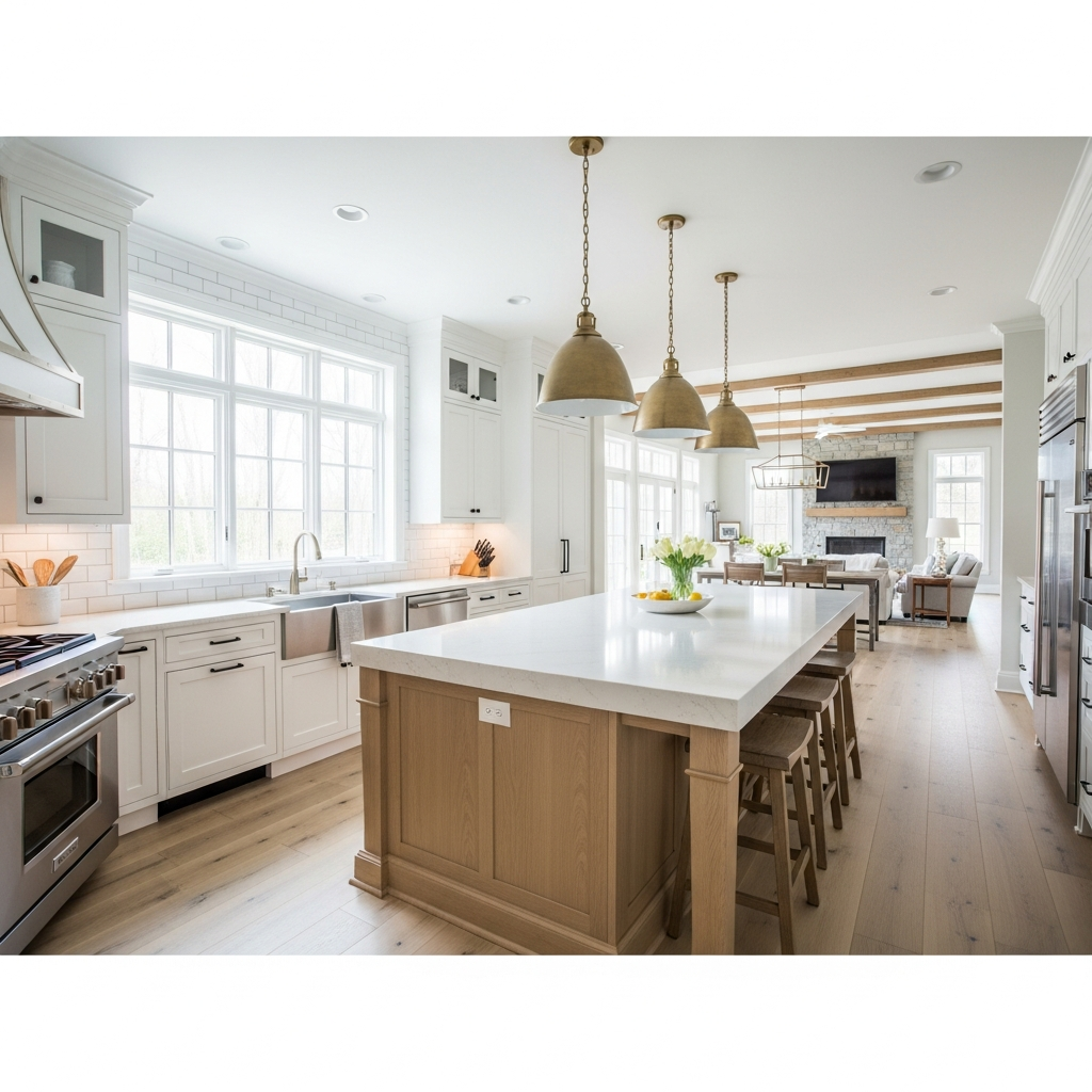 L-shaped kitchen with large center island and seating in an open-plan Boise home