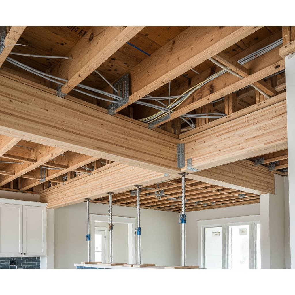 Engineered LVL beam installed where a load-bearing wall was removed in a kitchen remodel
