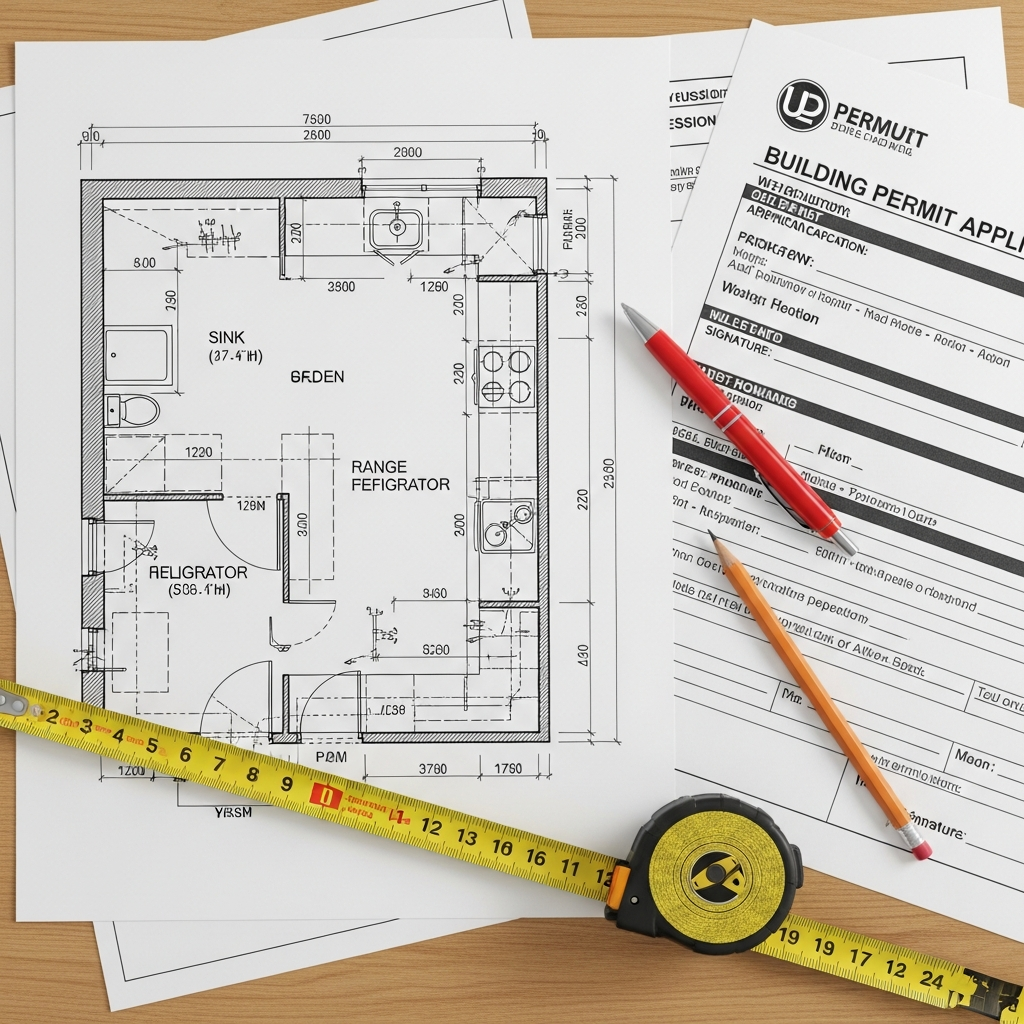 Building permit documents and kitchen floor plans spread on a construction table