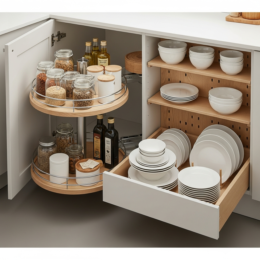 Kitchen corner cabinet with pull-out lazy susan and organized storage
