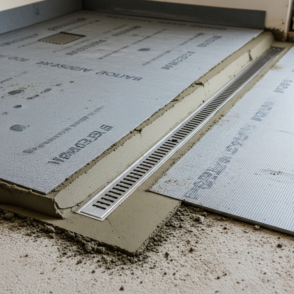 Linear shower drain installed in mortar pre-slope bed during shower construction