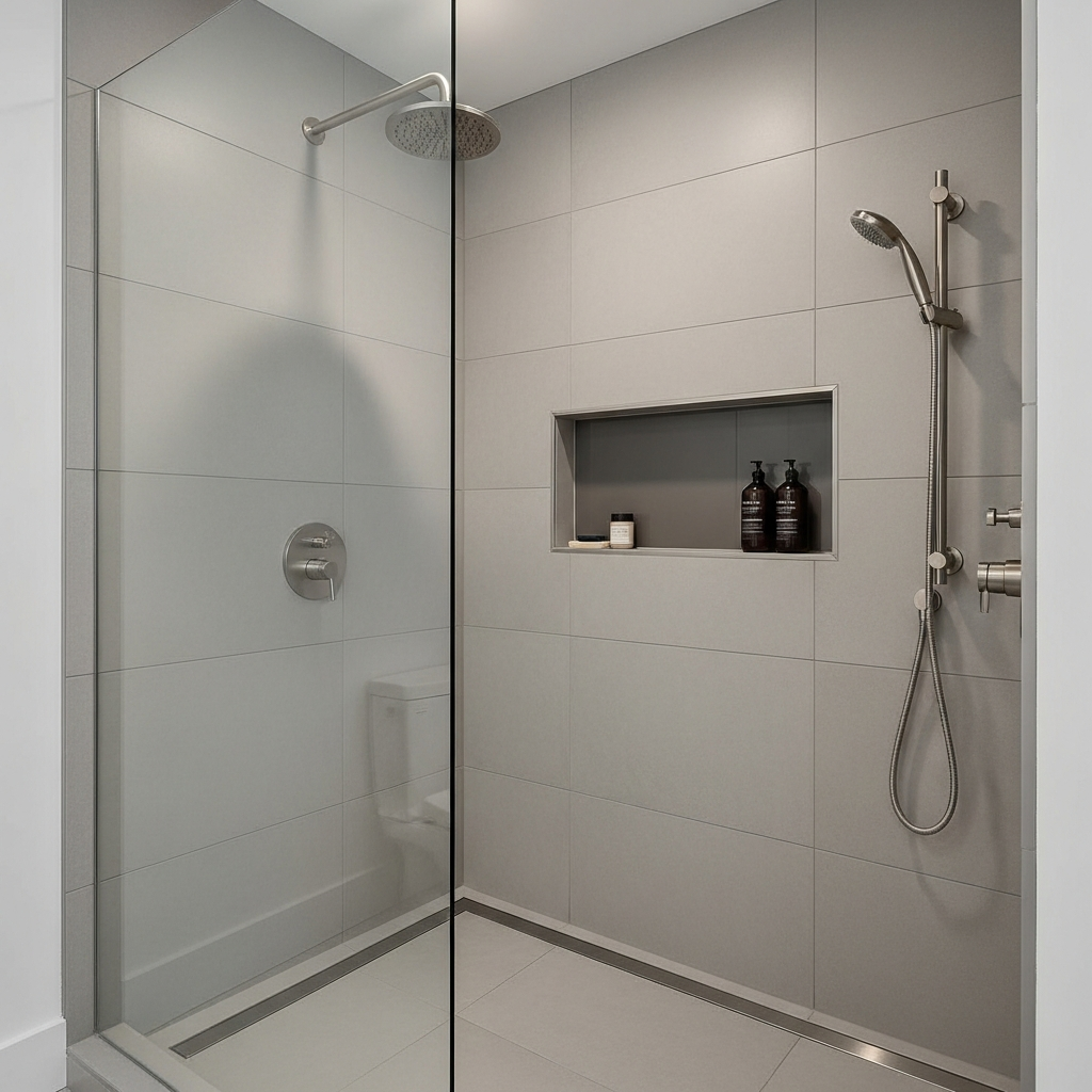 Completed walk-in shower with linear drain and large-format porcelain tile