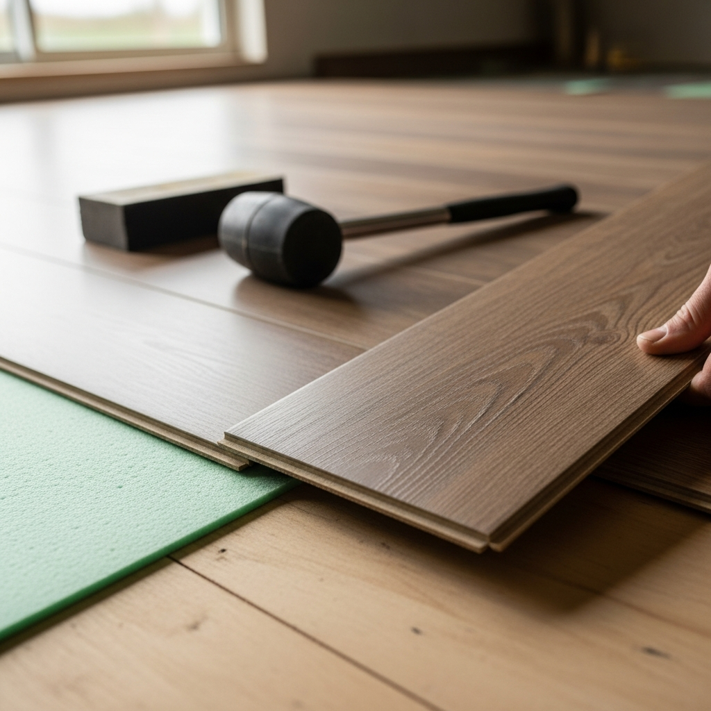 Professional flooring installation with LVP planks being clicked into place