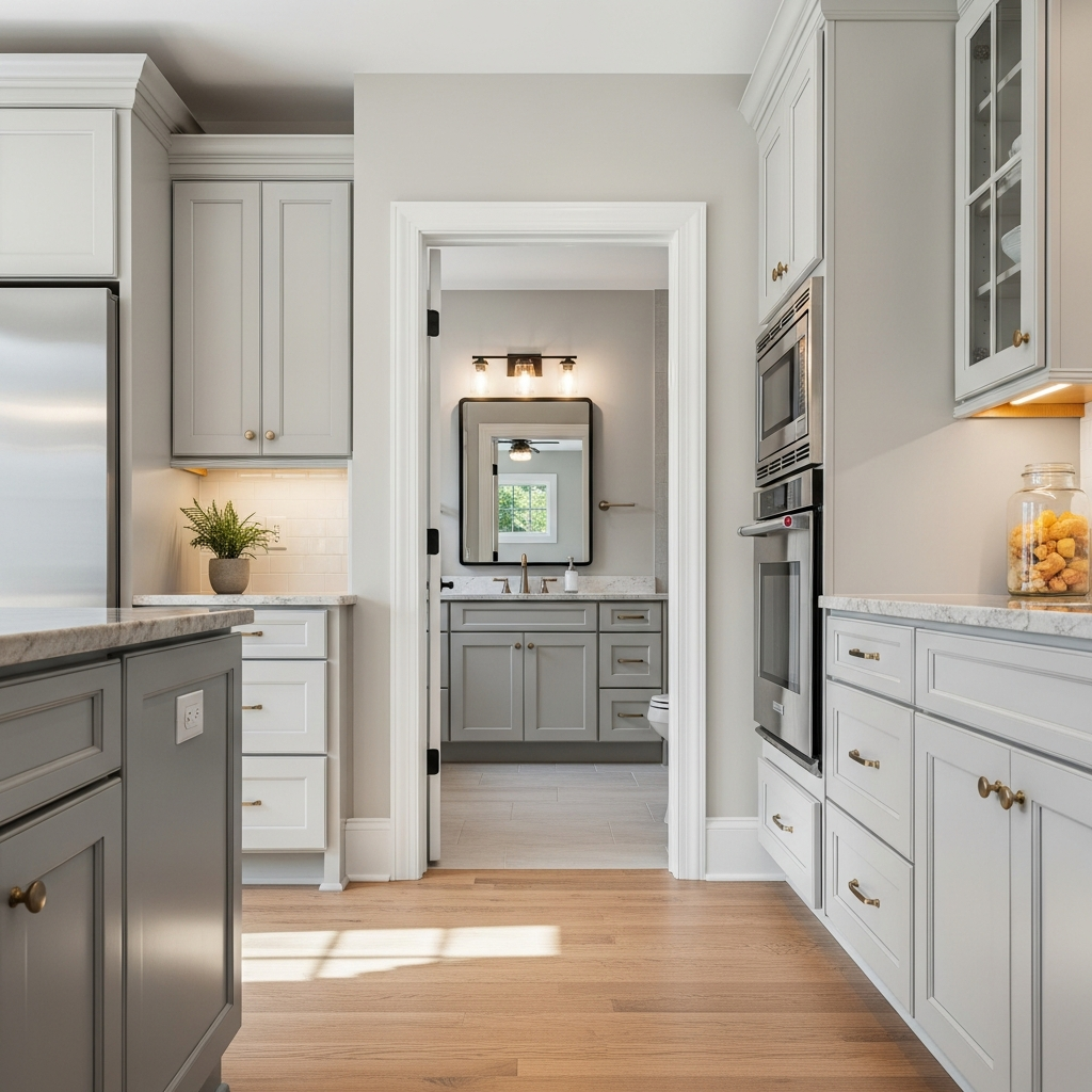 Side-by-side view of renovated kitchen and bathroom in the same home