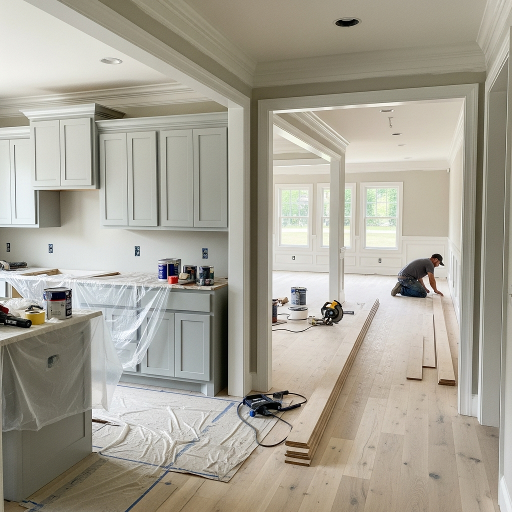 Whole-home renovation showing multiple rooms being updated simultaneously