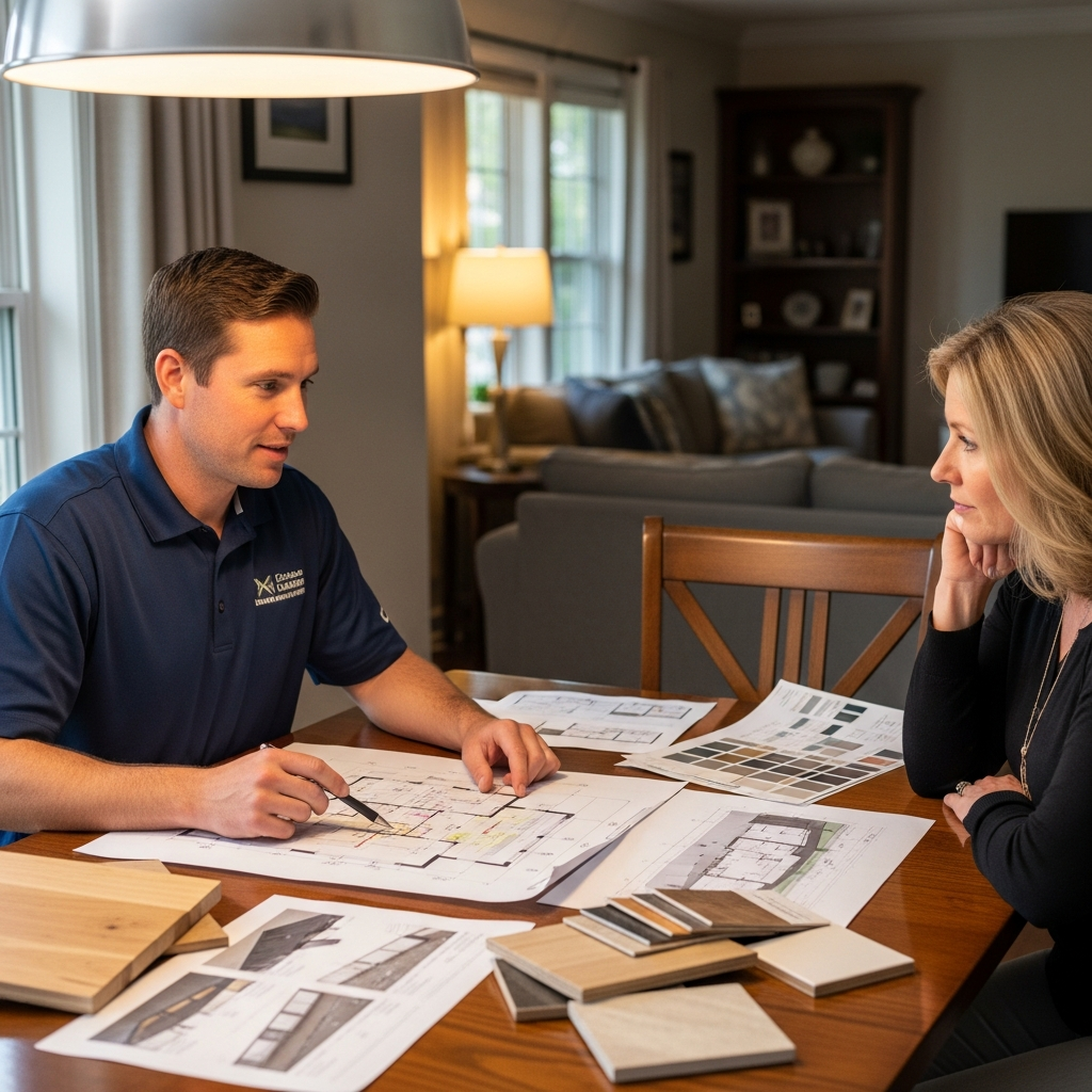 Contractor and homeowner reviewing kitchen design plans at a dining table