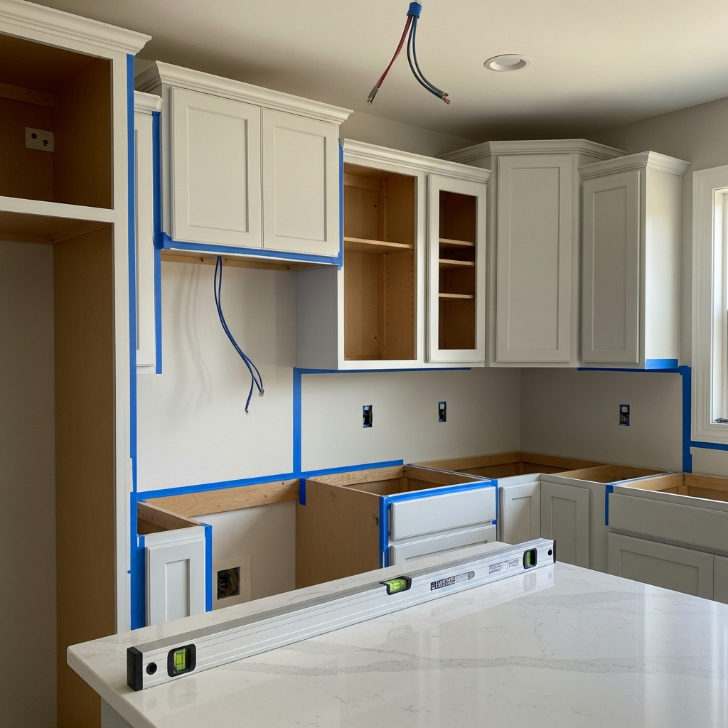 Weekly progress photo of a kitchen remodel showing cabinet installation