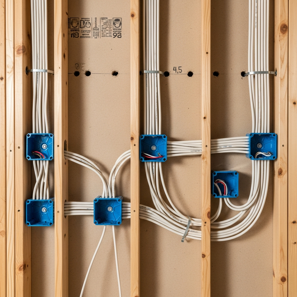 Electrical rough-in inspection with wiring visible in open wall cavities