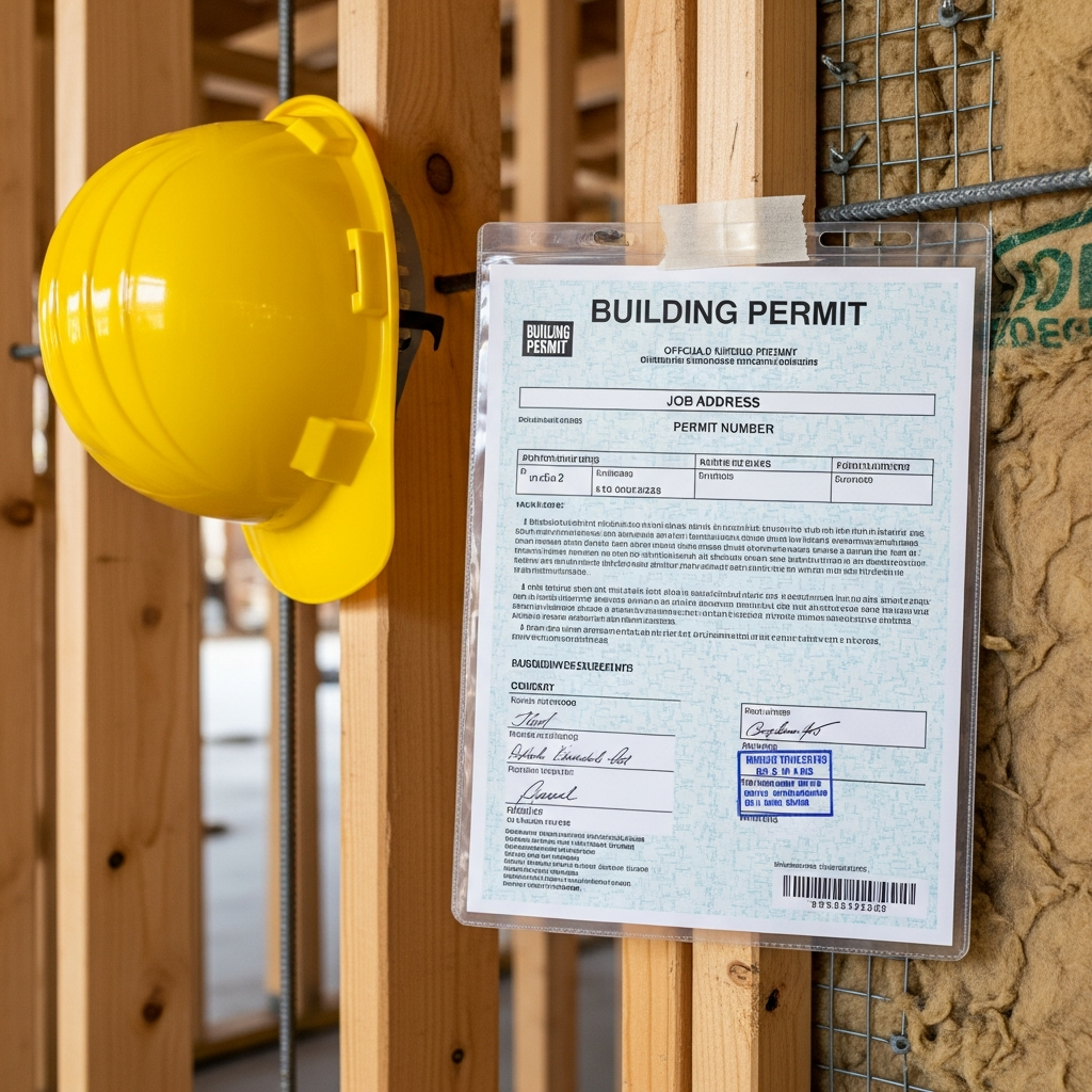 Building permit posted on a construction site wall in a Boise home remodel
