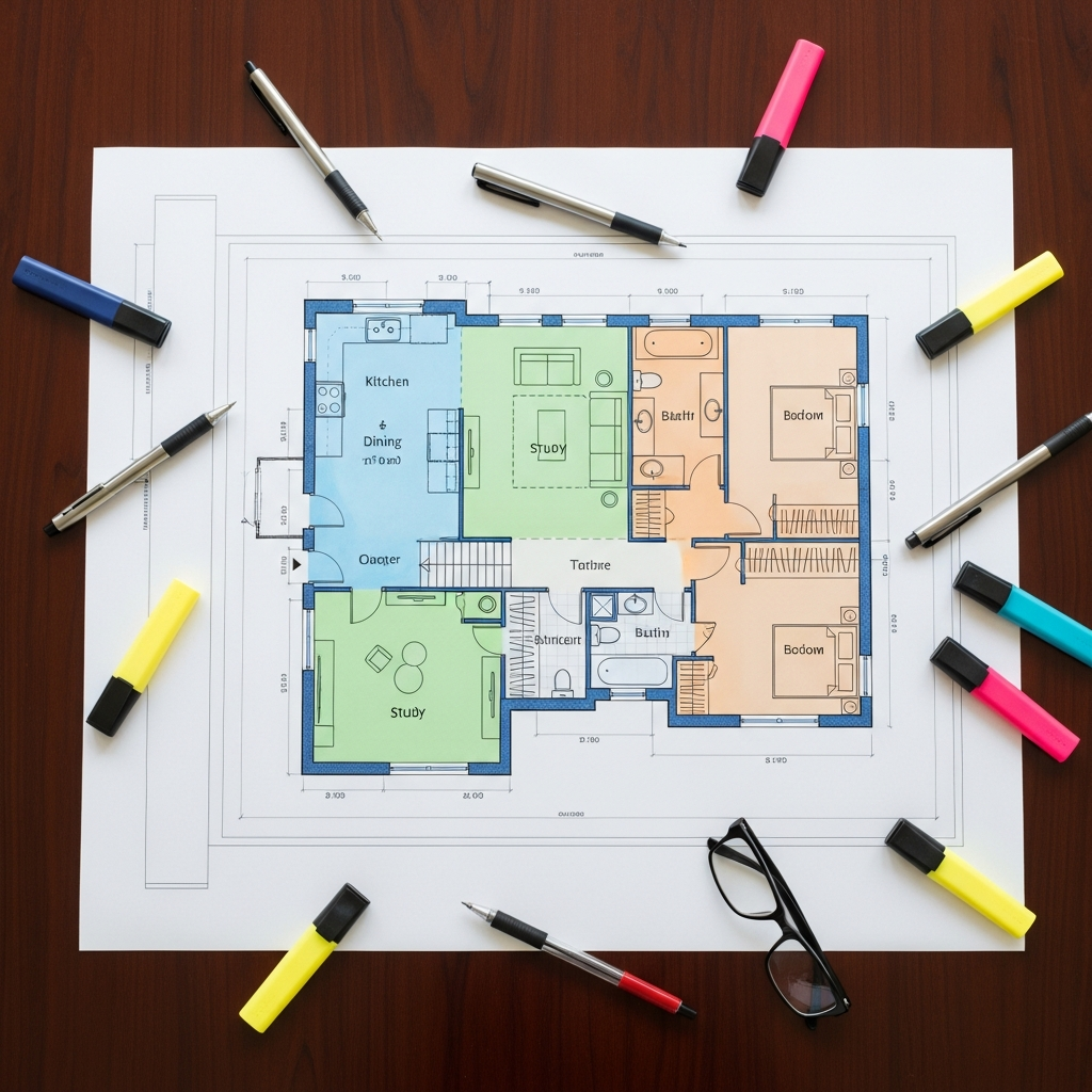 Floor plan with colored zones showing phased renovation areas
