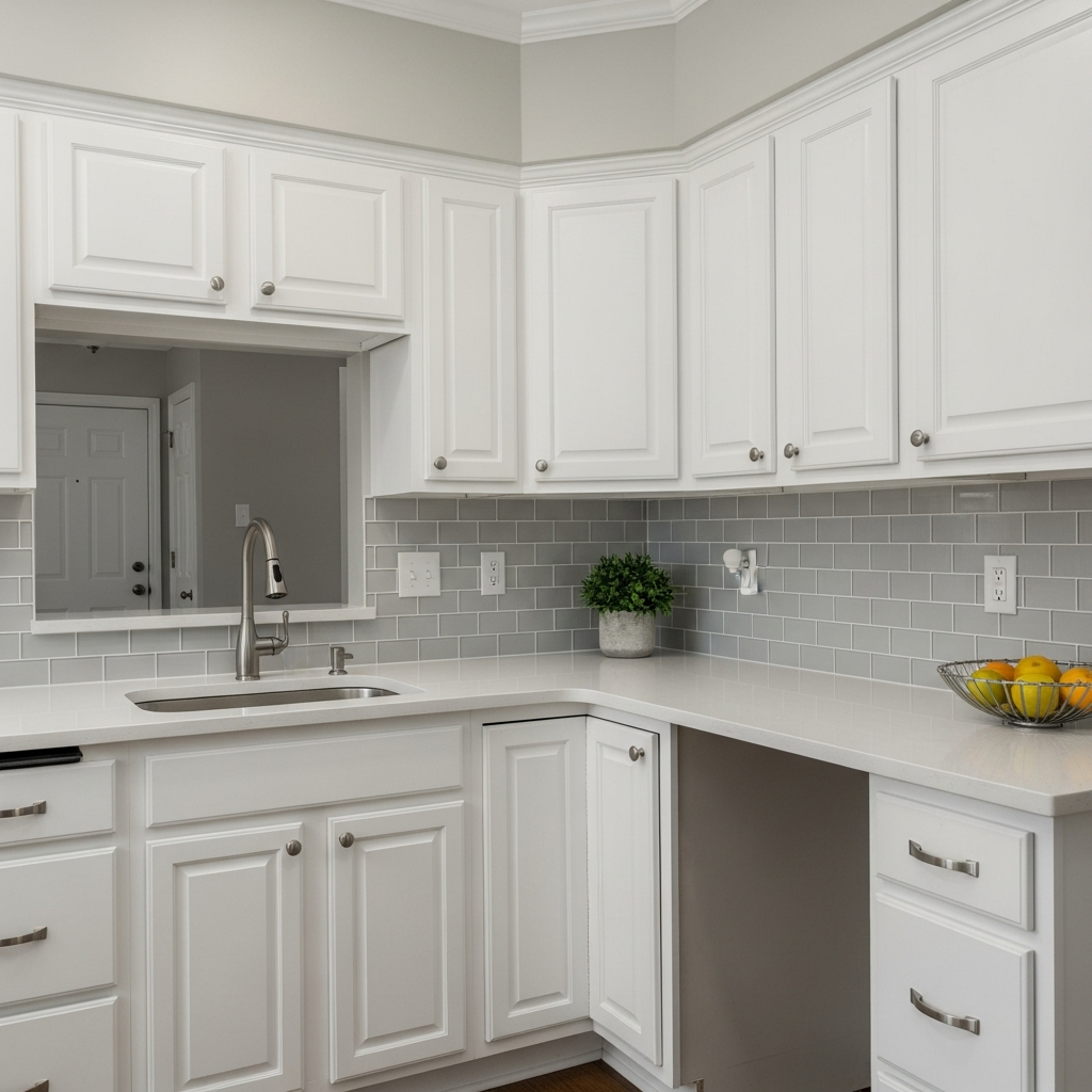 Minor kitchen remodel showing refinished cabinets and new countertops